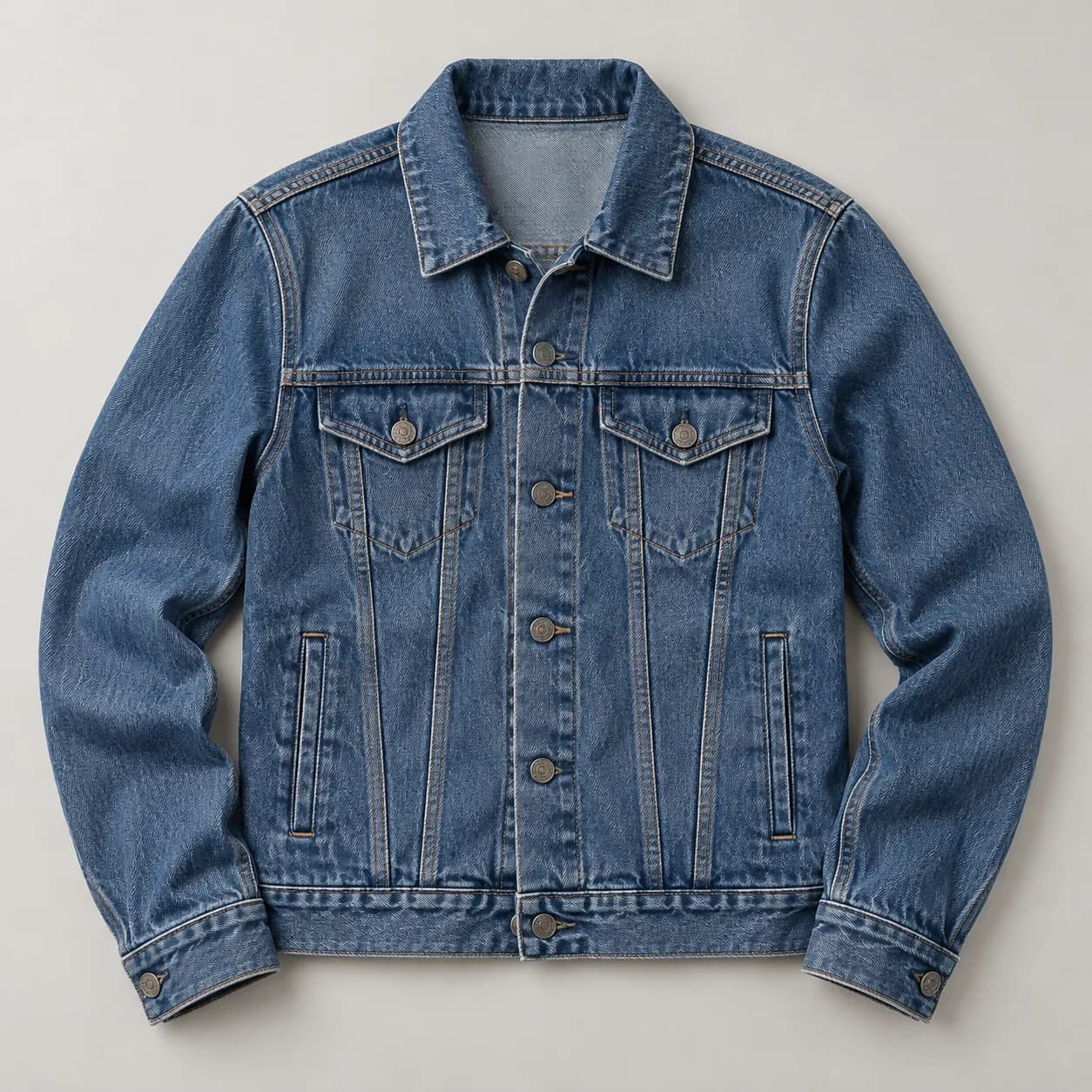 Flat-lay source photo of a fictional unbranded blue denim trucker jacket on a neutral background