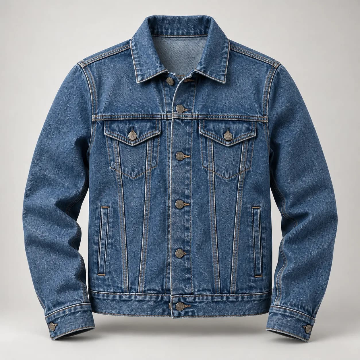 Blue denim trucker jacket shown front-facing with natural volume on a neutral studio background