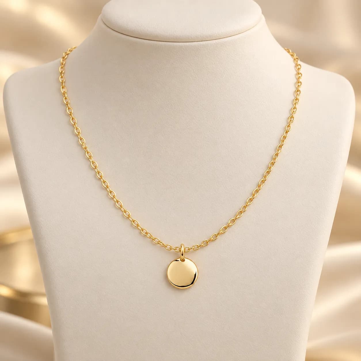 Collar dorado con dije en un expositor crema con reflejos dorados suaves
