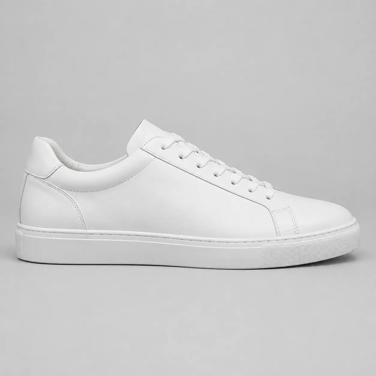 Source photo of a fictional unbranded white leather low-top sneaker in side view on a plain background